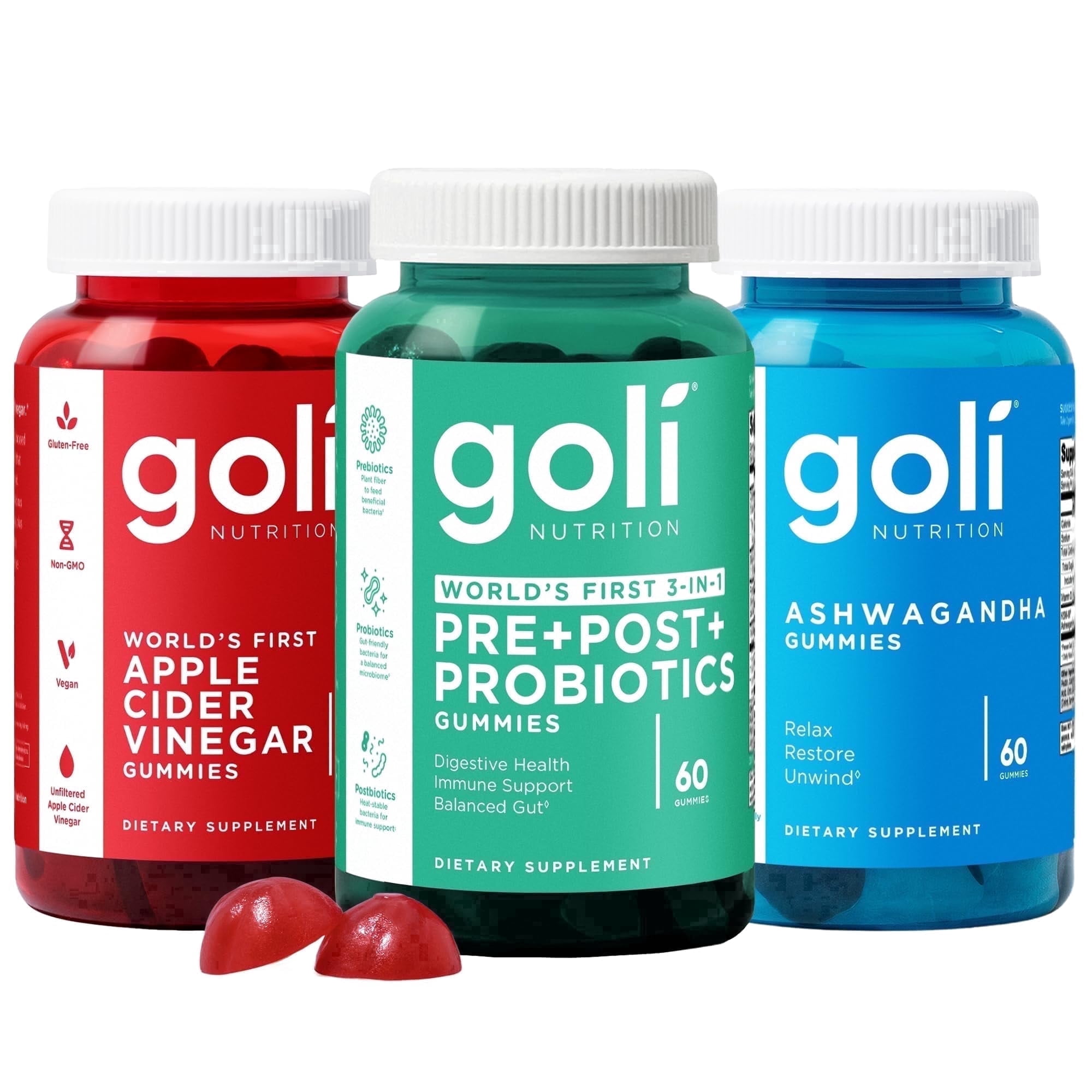 Goli Power Wellness Trio for Stress, Gut & Immune - 3-in-1 Pre+Post+Probiotics, Apple Cider Vinegar & Ashwagandha Gummies, Vegan, 180 Gummies Total