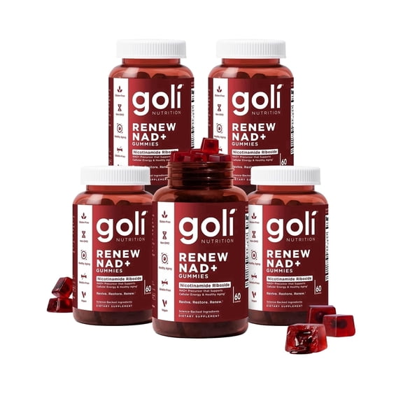 Goli Worlds First Renew NAD+, 60 Count Each (5 Pack, 300 Total) Nicotinamide Riboside (NR) Cellular Energy & Healthy Aging Support Vegan, Non-GMO, Gelatin-Free Liquid-Center Gummies