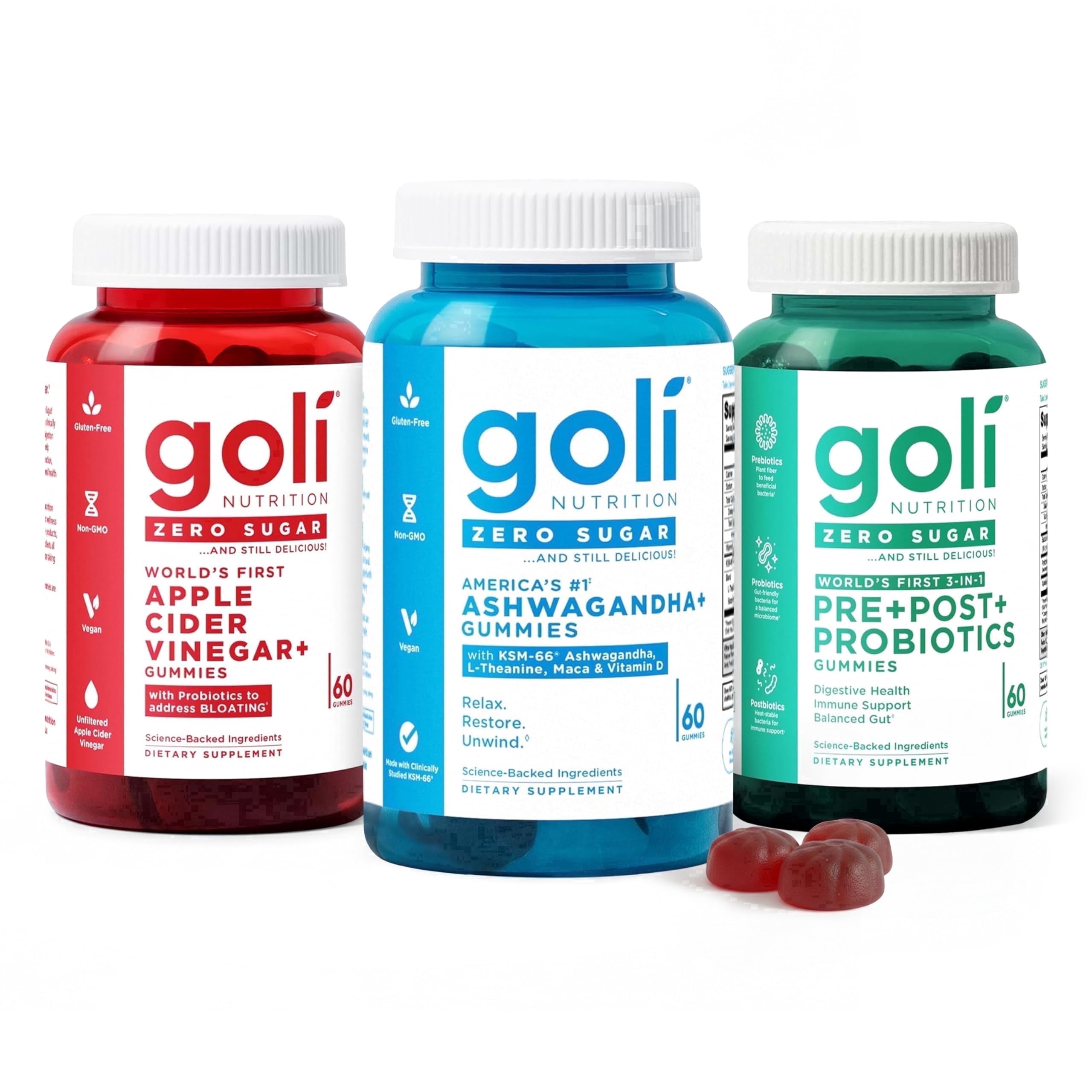 Goli Zero Sugar Trio - 3-in-1 Pre+Post+Probiotics, Apple Cider Vinegar with B12, Ashwagandha with L-Theanine & Vitamin D Gummies, 180 Gummies Total