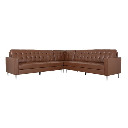 Goliath Contemporary Faux Leather Tufted 5 Seater Sectional Sofa Set, Cognac Brown and Chrome