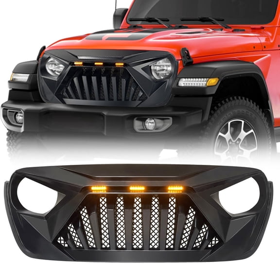 Goliath Style Grill Front Bumper Grille w/ Amber Lights For 2018-2024 Jeep Wrangler JL JLU JT