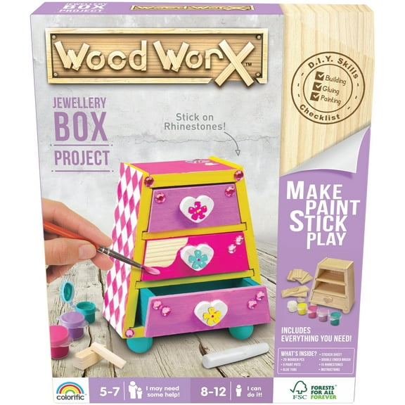 Goliath Wood Worx Jewellery Box Project - Make, Paint, Stick, Play - Wood Craft Kit