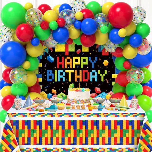Golray 112pcs Building Block Birthday Party KKS1Decorations for Boys Kids Brick Balloon Arch Garland Kit 18'' Backdrop Tablecloth Colorful Confetti Happy Birthday Building Block Party Supplies