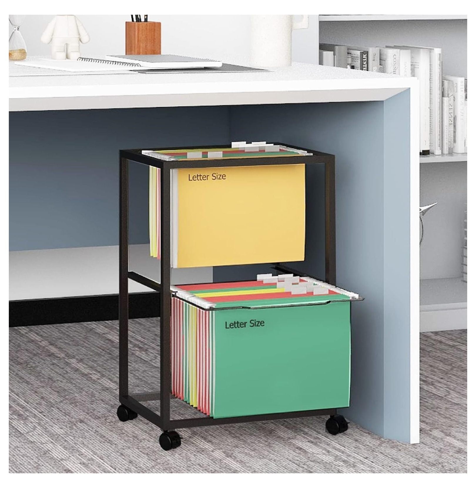 GolySw 2 Tiers Metal Rolling File Carts with Wheels Hanging Files for