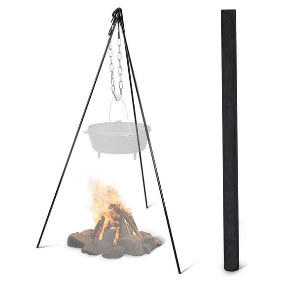 GolySw Campfire Tripod for Cooking Stand Over Fire Camp Grill - 40-48in Adjustable Camping Tripod for Cooking Dutch Oven with Cauldron Kettle Pot Hanger Chain Hook - Open Fire Cookware Equipment