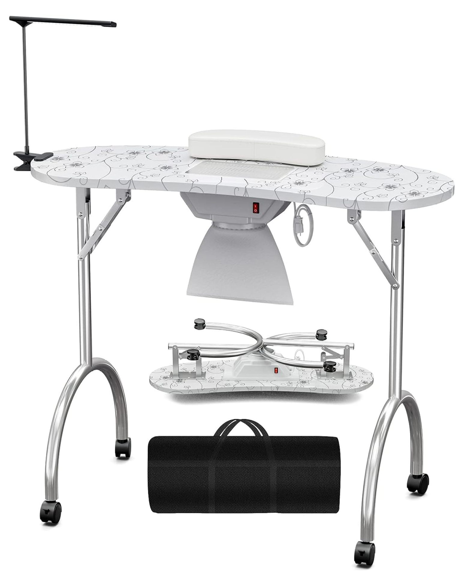 GolySw Folding Portable Nail Table Desk Station with Lockable Rolling Wheels, Upgrade Fan Dust