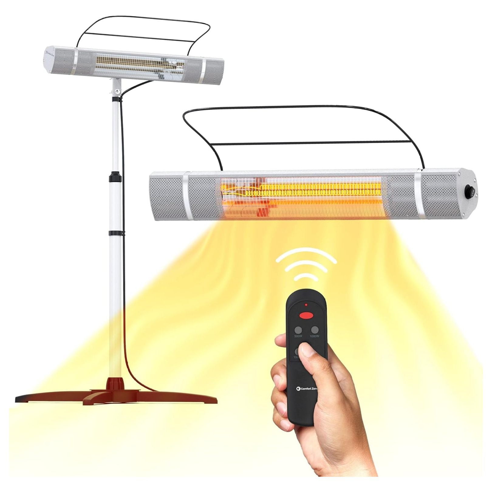GolySw Outdoor/Indoor Halogen Patio Heater with Control & Stand in Silver