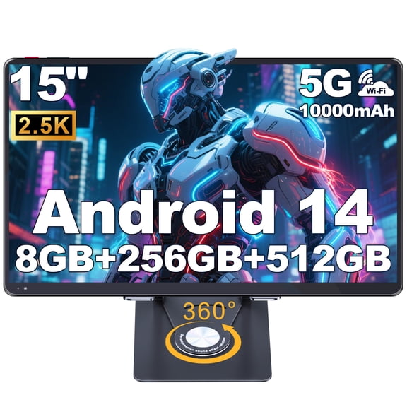 Golzer 15 inch 2.5K Display Tablet with Foldable Stand, Android 14 Tablets, 8GB RAM 256GB ROM, Quad-Core Processor up to 2.2 GHz , 5MP+13MP Camera, 10000mAh, 2.4G/5G WiFi, BT5.0