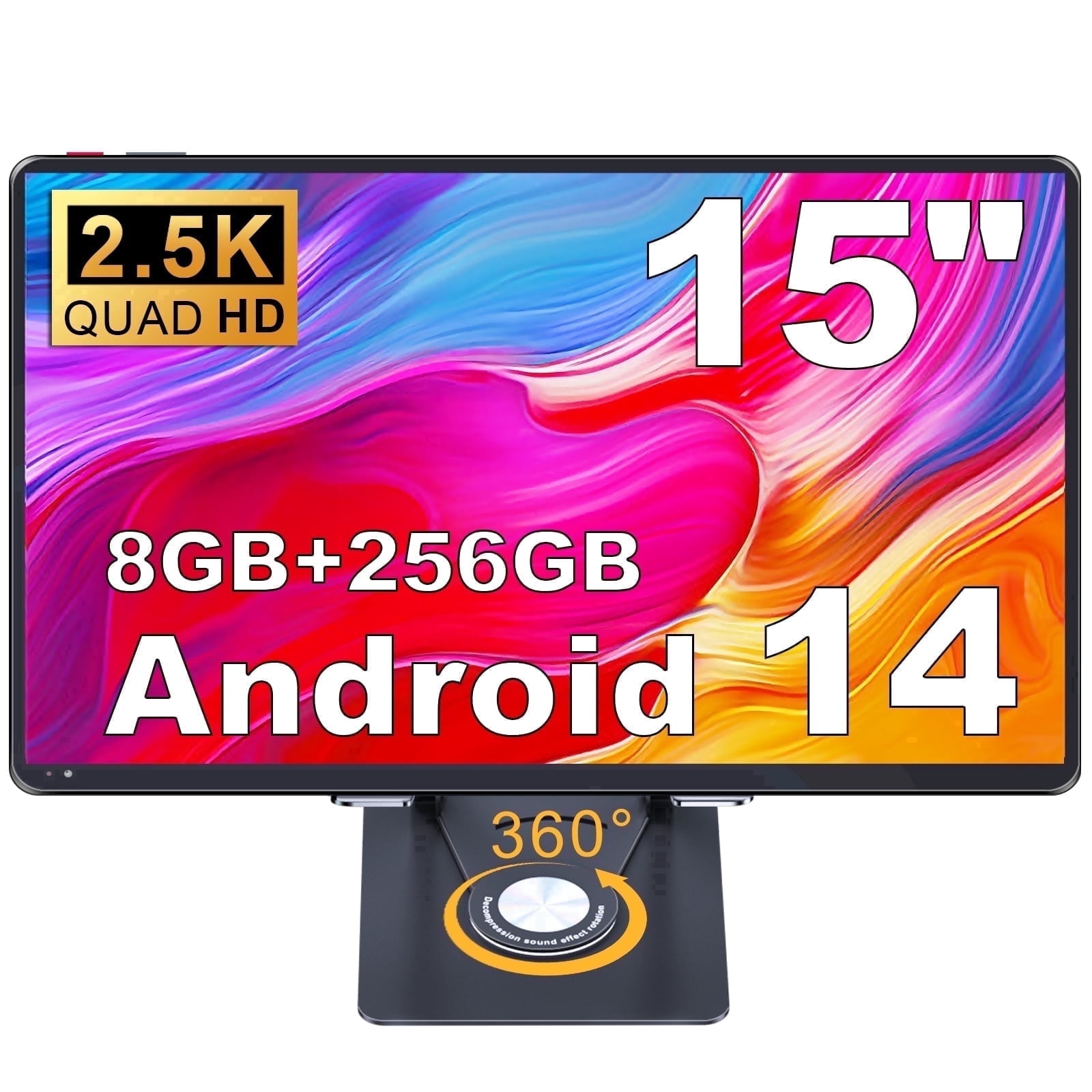 Golzer 15 inch 2.5K Display Tablet with Foldable Stand, Android 14 Tablets, 8GB RAM 256GB ROM, Quad-Core Processor up to 2.2 GHz , 5MP+13MP Camera, 10000mAh, 2.4G/5G WiFi, BT5.0