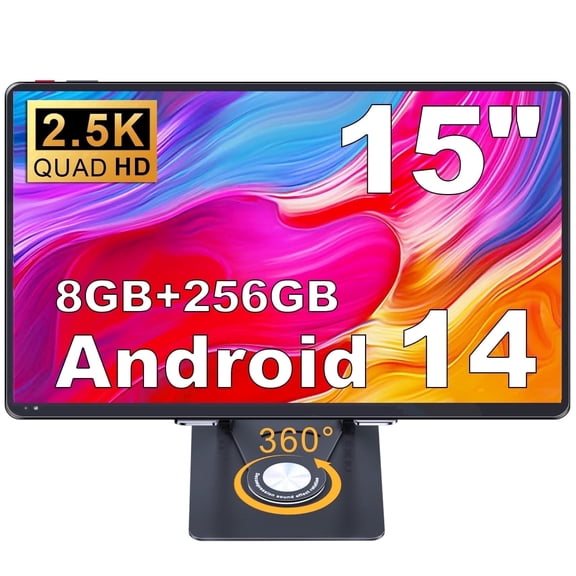 Golzer 15 inch 2.5K Display Tablet with Foldable Stand, Android 14 Tablets, 8GB RAM 256GB ROM, Quad-Core Processor up to 2.2 GHz , 5MP+13MP Camera, 10000mAh, 2.4G/5G WiFi, BT5.0