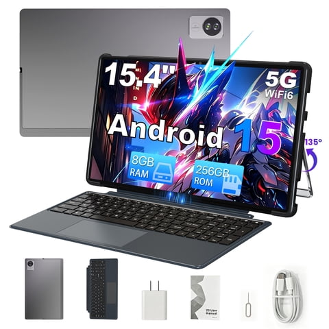 Golzer Andriod 15 Tablet with Keyboard, 15.4 inch 2 in 1 Tablets, 8GB RAM 256GB ROM, Octa-Core MTK G99, 10000mAh, 1080P, 5MP+13MP Camera, Wifi 6, BT 5.2, with Screen Protector, Stand