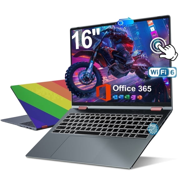 Golzer Rainbow Laptop 16 inch, Vibrant Pride Themed Convertible Touchscreen, 2 in 1 Laptop with 16GB RAM 640GB Storage, Fingerprint Reader, 360 Degree Rotation, Backlit Keyboard, 53.2WH, WiFi 6