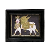 Gomaatha (Kamadhenu) Tanjore Painting | Traditional Colors With 24K Gold | Teakwood Frame | Gold & W
