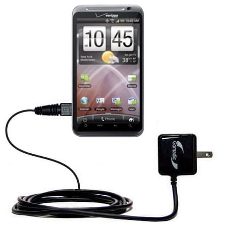 Gomadic Intelligent Compact AC Home Wall Charger suitable for the HTC ThunderBolt 2 - High output power with a convenient, foldable plug design - Uses