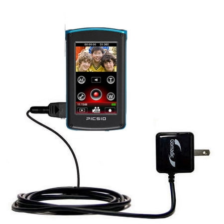 Gomadic Intelligent Compact AC Home Wall Charger suitable for the JVC GC-WP10AUS - High output power with a convenient, foldable plug design - Uses Ti