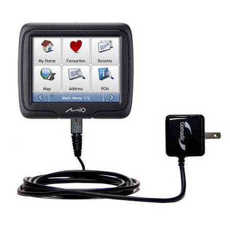 Gomadic Intelligent Compact AC Home Wall Charger suitable for the Mio Moov M301 - High output power with a convenient, foldable plug design - Uses Tip