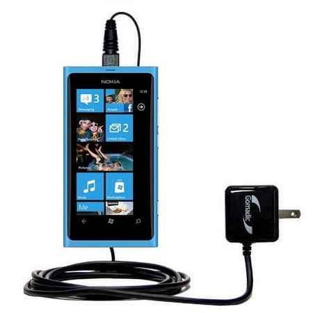 Gomadic Intelligent Compact AC Home Wall Charger suitable for the Nokia Lumia 800 - High output power with a convenient, foldable plug design - Uses T