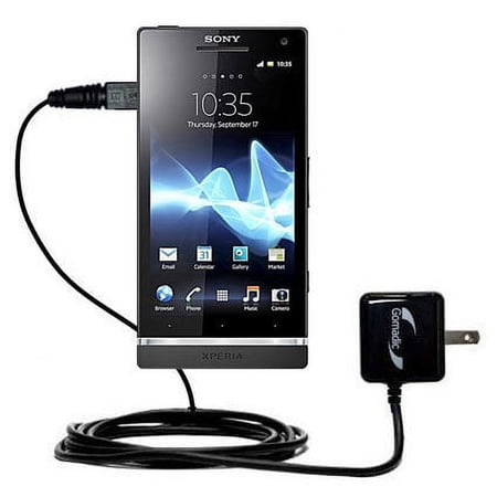 Gomadic Intelligent Compact AC Home Wall Charger suitable for the Sony Ericsson Xperia S - High output power with a convenient, foldable plug design -
