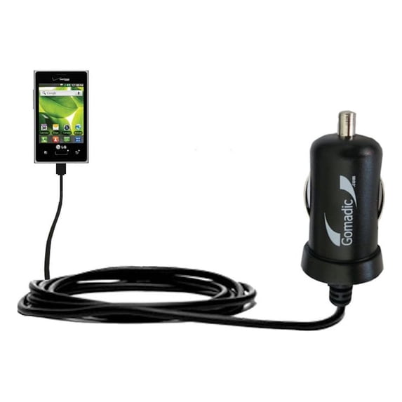 Gomadic Intelligent Compact Car / Auto DC Charger suitable for the LG Optimus Zone 1 / 2 - 2A / 10W power at half the size. Uses Gomadic TipExchange T
