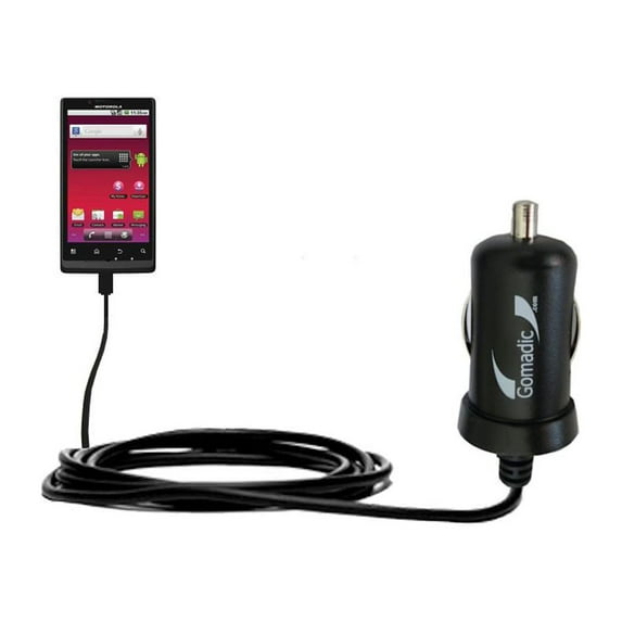 Gomadic Intelligent Compact Car / Auto DC Charger suitable for the Motorola Triumph - 2A / 10W power at half the size. Uses Gomadic TipExchange Techno