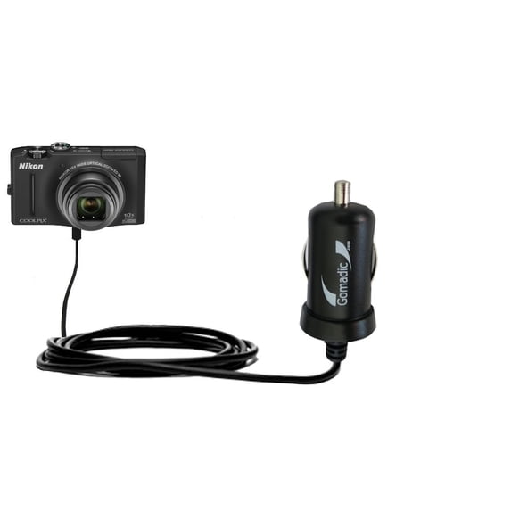 Gomadic Intelligent Compact Car / Auto DC Charger suitable for the Nikon Coolpix S8100 - 2A / 10W power at half the size. Uses Gomadic TipExchange Tec