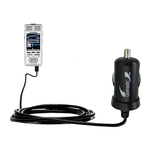 Gomadic Intelligent Compact Car / Auto DC Charger suitable for the Olympus DM-4 - 2A / 10W power at half the size. Uses Gomadic TipExchange Technology