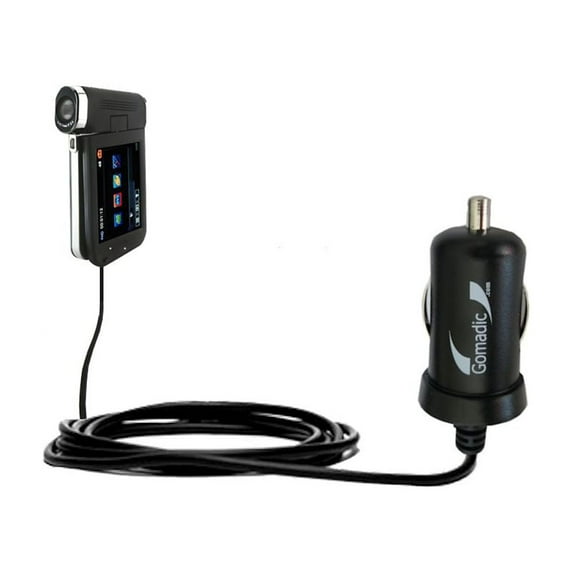 Gomadic Intelligent Compact Car / Auto DC Charger suitable for the Veho Muvi Kuzo VC-008 - 2A / 10W power at half the size. Uses Gomadic TipExchange T