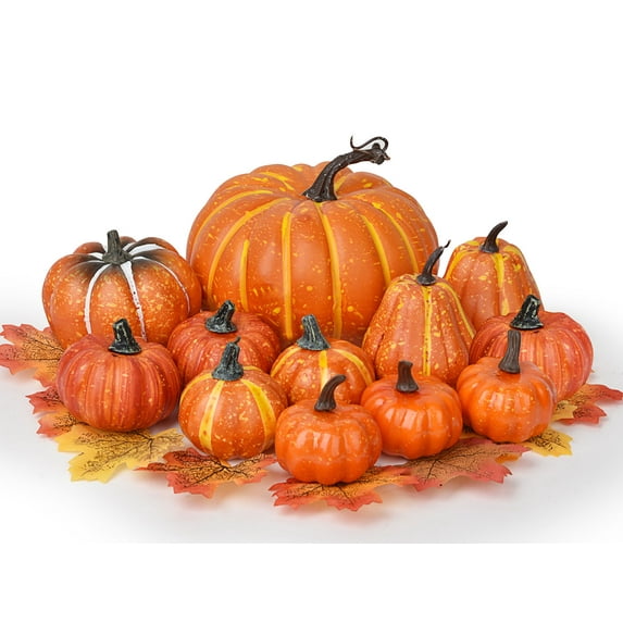 Gomaty 12Pcs Thanksgiving Artificial Pumpkins Home Decoration Set and 50 PCS Artificial Maple Leaves,Artificial Vegetables Harvest Fall for Autumn Halloween Home Decor