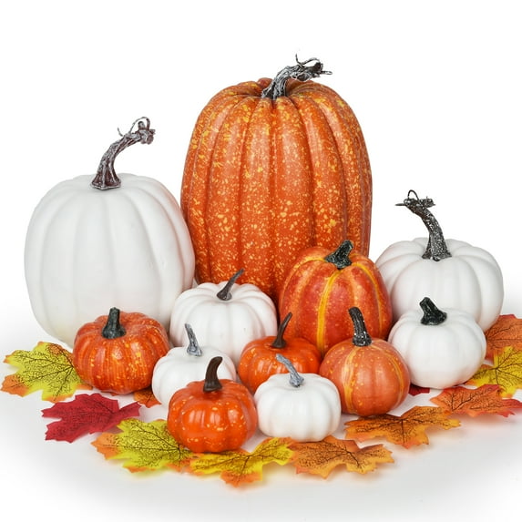 Gomaty 12Pcs Thanksgiving Artificial Pumpkins Home Decoration Set and 50pcs Maple Leaves, Artificial Vegetables for Autumn Thanksgiving Halloween Home Decor