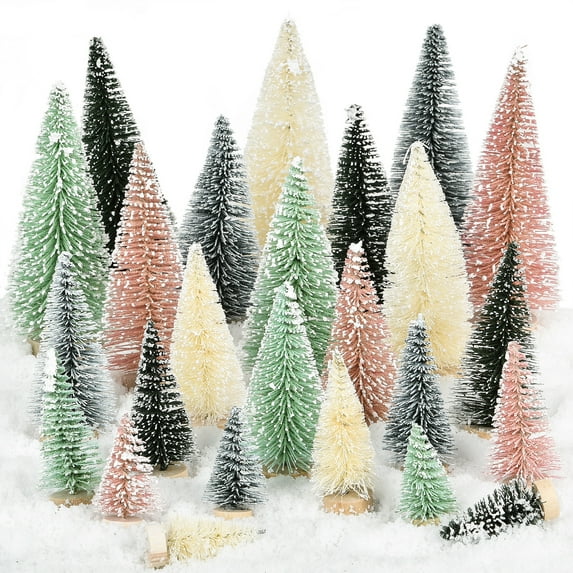 Gomaty 25PCS Miniature Pine Trees Sisal Trees with Wood Base Christmas Tree Set Tabletop Trees for Miniature Scenes, Christmas Crafts Tabletop Decorecture Trees