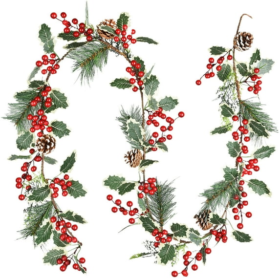 Gomaty 6ft Red Berry Christmas Garland with Pine Cone, Artificail Greenery Garland with Pine Leaves Red Berries and Pine Cones for Holiday Front Door Mantel Table Home Decor
