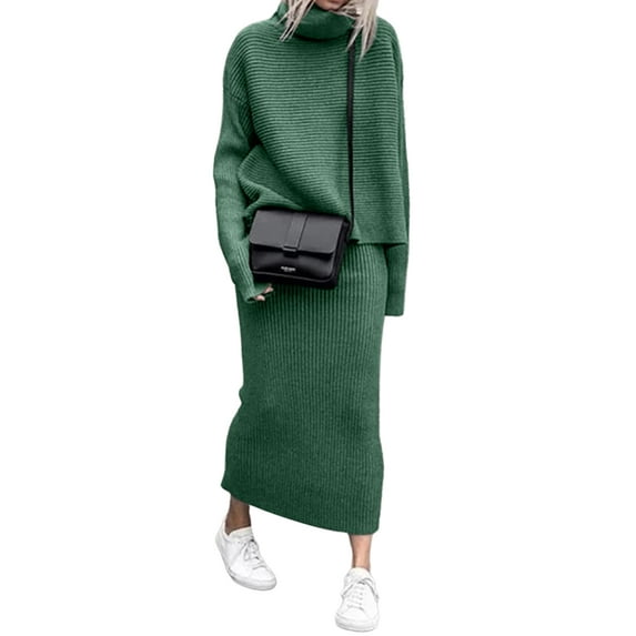 Gomelly Ladies 2 Piece Outfits Solid Color Sweaters Dress Sets Comfy Sweater Top And Skirt Set Women Bodycon Winter Knitted Green 2XL