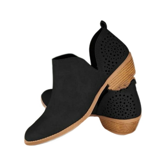 Gomelly Ladies Booties Slip On Short Bootie Hollow Out Ankle Boots Casual Work Walking Black 8.5