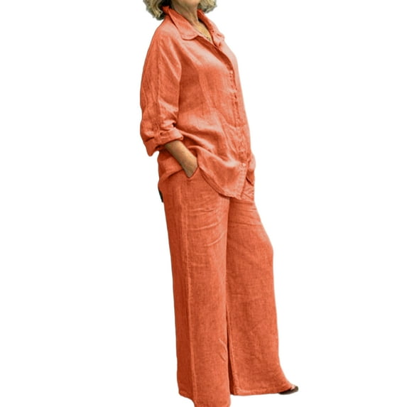 Gomelly Ladies Casual Suits Lapel Neck Lounge Sets Loose Fit 2 Piece Outfits Women Shirt And Palazzo Pant Daily Wear Wide Leg Pants Set Long Sleeve Orange 3XL
