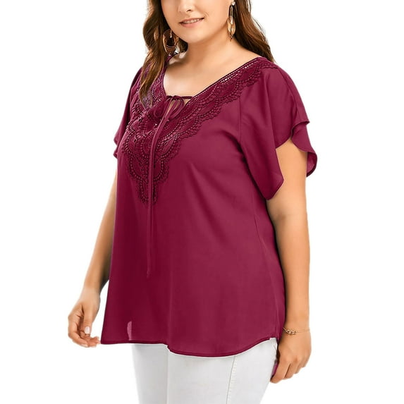 Gomelly Ladies Chiffon Tops Short Sleeve T Shirt Loose Tunic Blouse Women Lace Up Summer Tee Solid Color T-shirt Red 3XL