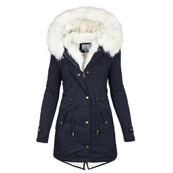 Gomelly Ladies Coat Solid Color Outwear Overcoat Thickened Jacket Women Mid Length Work Hooded Coats Long Sleeve Navy Blue 2XL