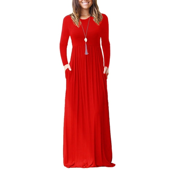 Gomelly Ladies Dress Solid Color Maxi Dresses Kaftan Women Plain Holiday Long Sleeve Red M