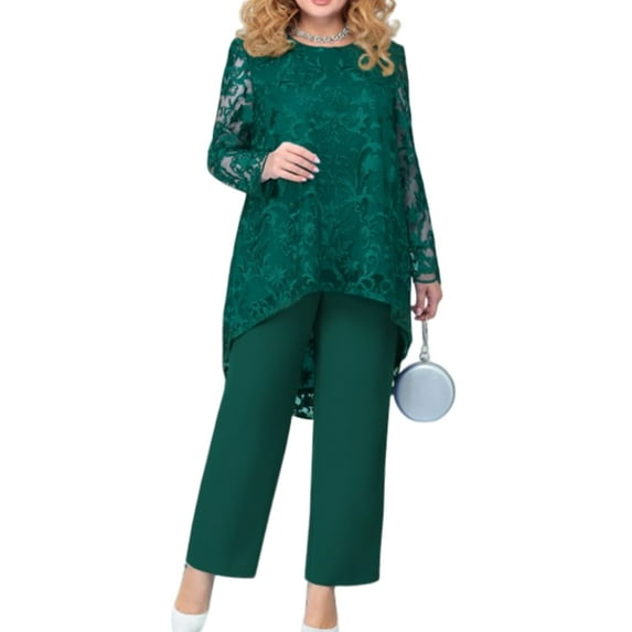 Gomelly Ladies Floral Printed Sheer Tops & Slack Plain Solid Color Two Piece Outfit Athletic Plus Size Women Casual Fitness Lounge Set Long Sleeve Dark Green L