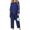 thumbnail image 1 of Gomelly Ladies Floral Printed Sheer Tops & Slack Plain Solid Color Two Piece Outfit Athletic Plus Size Women Casual Fitness Lounge Set Long Sleeve Navy Blue 2XL, 1 of 2