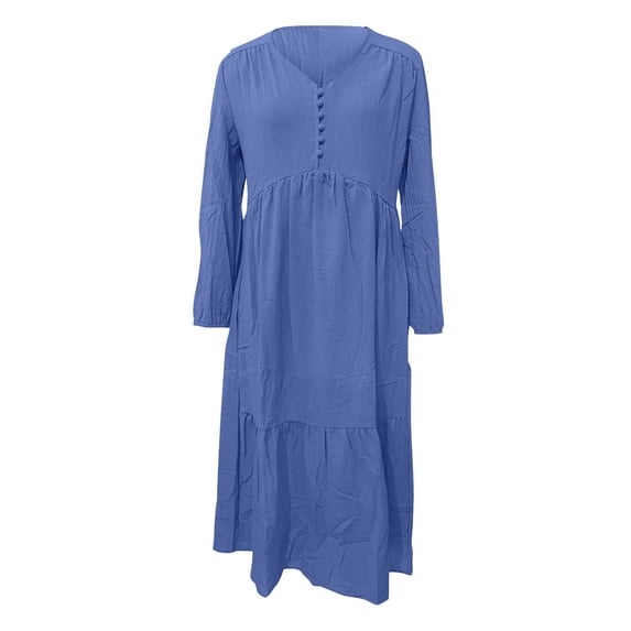 Gomelly Ladies Full Length Dress V Neck Maxi Dresses Pleated Women Vintage Holiday Long Sleeve Deep Blue S