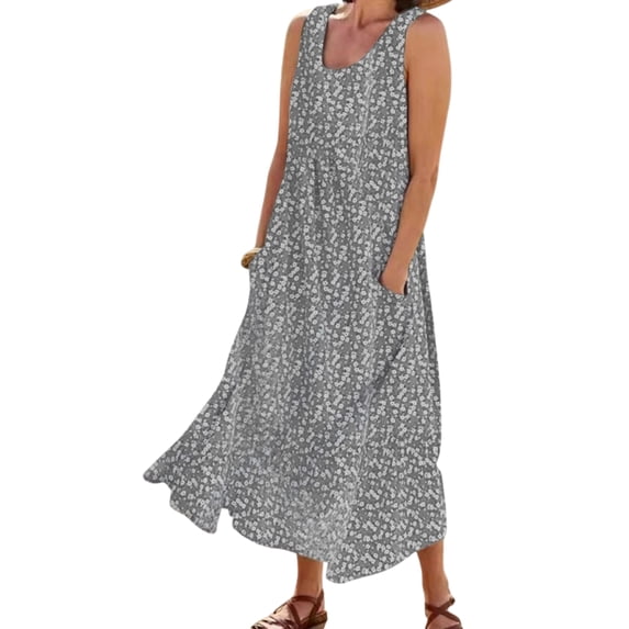 Gomelly Ladies Long Maxi Dress Crew Neck Summer Beach Sundress Casual Swing Dresses Women Hawaiian Holiday Floral Print Grey 4XL