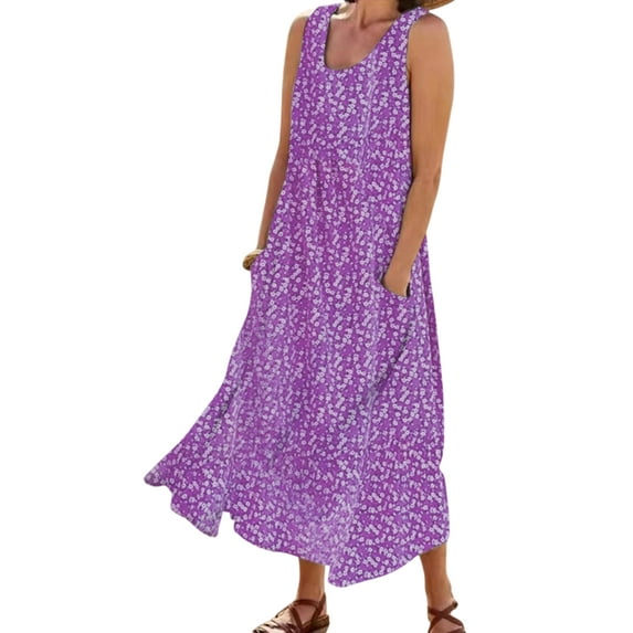 Gomelly Ladies Long Maxi Dress Crew Neck Summer Beach Sundress Casual Swing Dresses Women Hawaiian Holiday Floral Print Purple L