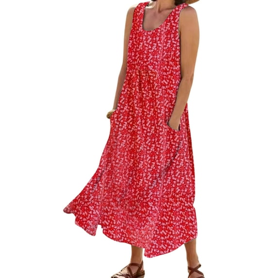Gomelly Ladies Long Maxi Dress Crew Neck Summer Beach Sundress Casual Swing Dresses Women Hawaiian Holiday Floral Print Red S