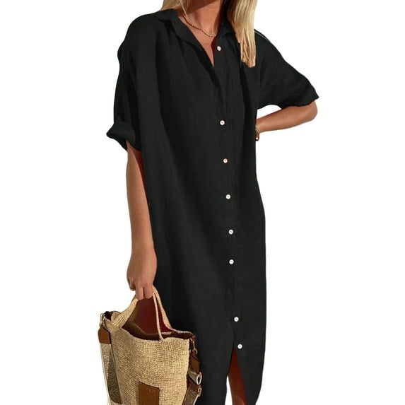 Gomelly Ladies Long Maxi Dresses Short Sleeve Shirt Dress Loose Women Sexy Party Lapel Black XS