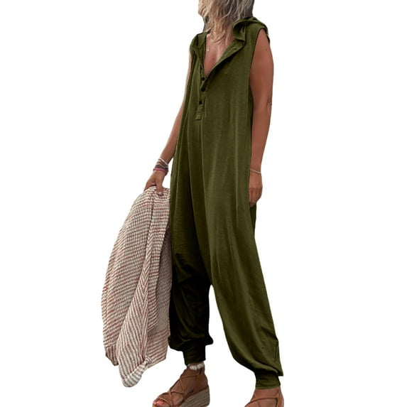 Gomelly Ladies Long Pants V Neck Jumpsuits Casual Romper Women Boho Beach Trousers Hooded Harem Pant Army Green L