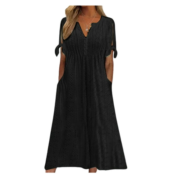 Gomelly Ladies Maxi Dresses Plain Solid Color Summer Beach Sundress Loose Long Dress Women Hawaiian Party V Neck Black XL
