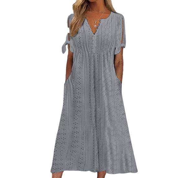 Gomelly Ladies Maxi Dresses Plain Solid Color Summer Beach Sundress Loose Long Dress Women Hawaiian Party V Neck Grey L