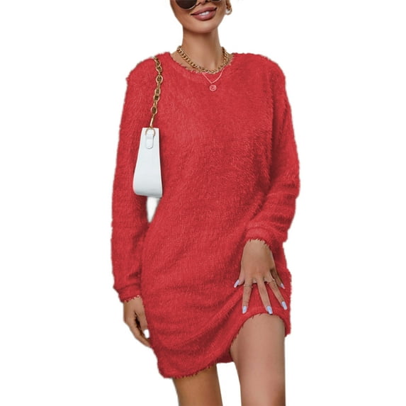 Gomelly Ladies Mini Dresses Long Sleeve Sweater Dress Casual Pullover Jumper Women Ribbed Knit Winter Fleece Red M