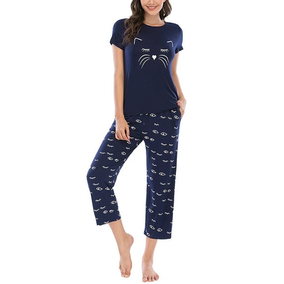 Gomelly Ladies Pajamas Sets Letters Print Sleepwear Baggy 2 Piece Outfits Women Casual Sleep Lounge Set Short Sleeve Nightwear Navy Blue M
