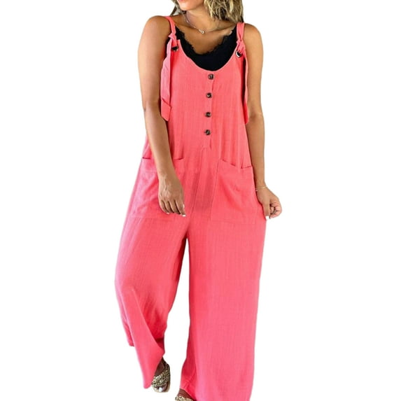 Gomelly Ladies Rompers Sleeveless Jumpsuits Wide Leg Overalls Women Classic Travel Long Bib Pants Suspender Pink M